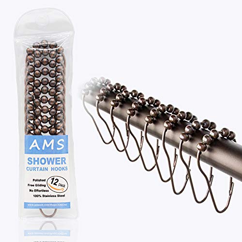 Book Cover AMS Shower Curtain Hooks Rings - 100% Stainless Steel - Decorative with Polished Metal Frame,Set of 12 Rings (Bronze)