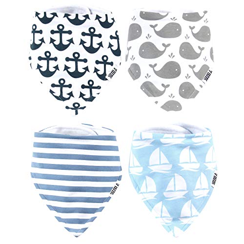 Stadela Baby Adjustable Bandana Drool Bibs for Drooling and Teething Nursery Burp Cloths 4 Pack Baby Shower Gift Set for Boys - Nautical for Sailor with Whales Anchors Stripes Boats Yachts