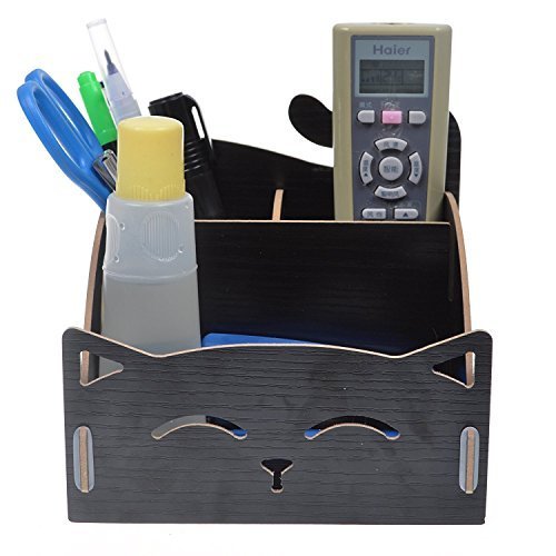 BCP Wood DIY Assemble Cute Cat Pen Pencil / Cosmetic Holder Desk Organizer for Home, Office (Black Color)