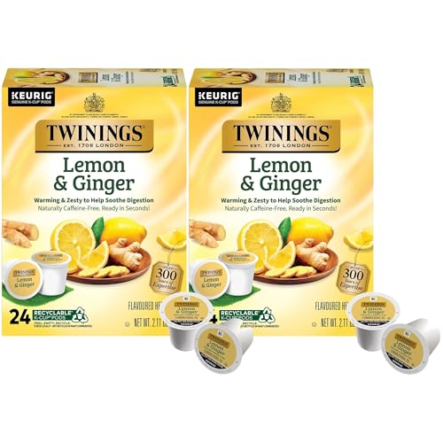 Twinings Lemon & Ginger Herbal Tea K-Cup Pods for Keurig, 24 Count (Pack of 2), Naturally Caffeine-Free, Enjoy Hot or Iced