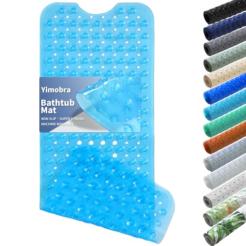 Yimobra Non Slip Bathtub Mat 40 x 16 Inch, Extra Long Shower Mat with Drain Holes, Machine Washable Baby Bath Mats, Strong Suction Cups for Bathroom Floor, Clear Blue
