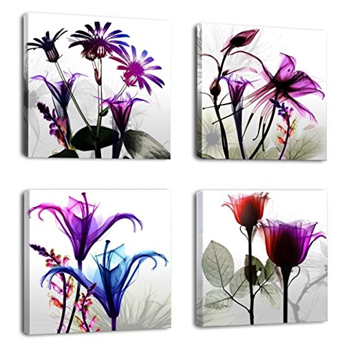 Book Cover Natural art - 4 Panels Huge Modern Giclee Prints Artwork Multi Flowers Pictures Photo Paintings Print on Canvas Wall Art for Home Walls Decor Stretched and Framed Ready to Hang (12×12in×4pcs)