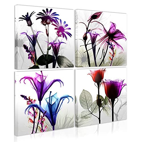 Natural art - 4 Panels Huge Modern Giclee Prints Artwork Multi Flowers Pictures Photo Paintings Print on Canvas Wall Art for Home Walls Decor Stretched and Framed Ready to Hang (12×12in×4pcs)