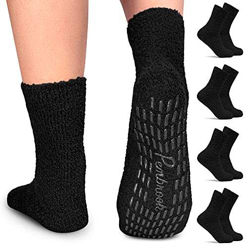 Pembrook Non Skid/Slip Socks â€“ Fuzzy Slipper Hospital Socks (4 - Pairs) â€“ Great for adults, men, women.