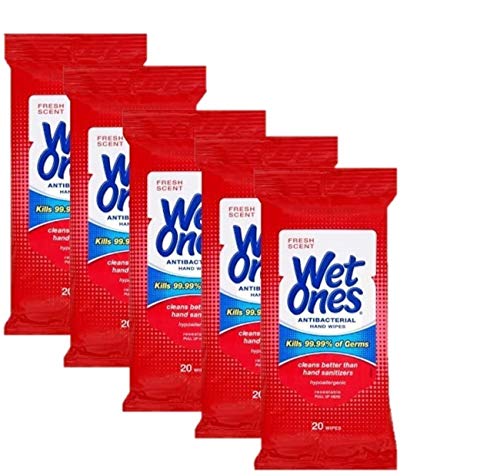 Wet Ones Wipes for Hands & Face, 20 Count Travel Pack (Pack of 5) 100 Wipes Total (Anti Bacterial)