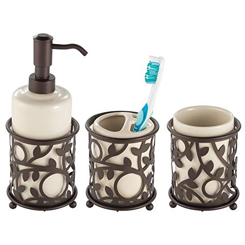 Book Cover mDesign Decorative Ceramic Bathroom Vanity Countertop Accessory Set - Includes Refillable Soap Dispenser, Divided Toothbrush Stand, Tumbler Rinsing Cup - Metal Vine Accents, 3 Pieces - Vanilla/Bronze