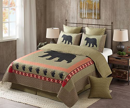 Virah Bella Bear and Paw Quilt Set - Full/Queen Reversible 3-Piece Rustic Comforter Set with Decorative Pillow Shams