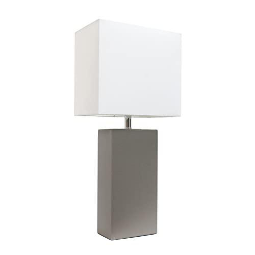 Book Cover Elegant Designs LT1025-GRY Modern Leather Table Lamp with White Fabric Shade, Gray