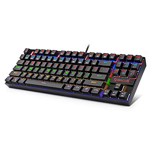 Redragon K552 Mechanical Gaming Keyboard, RGB Rainbow Backlit, 87 Keys, Tenkeyless, Compact Steel Construction with Cherry MX Blue Switches for Windows PC Gamer (Black)