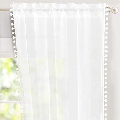 DriftAway Laura Pom Pom Trimmed White Voile Sheer Window Curtains Rod Pocket 2 Panels Each Size 52 Inch by 84 Inch Plus 2 Inch Header White