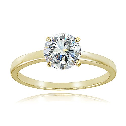 Hoops & Loops Yellow Gold Flash Plated Silver Cubic Zirconia Round Solitaire Engagement Bridal Ring (1-3 Carats)