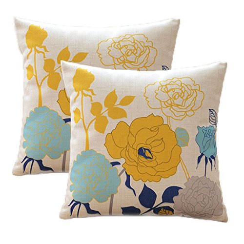 Book Cover sykting Blue and Yellow Pillow Covers Farmhouse Cotton Linen Outdoor Spring Pillow Covers 18x18 inch Decorative for Couch Sofa Bed Floral Pattern Pack of 2