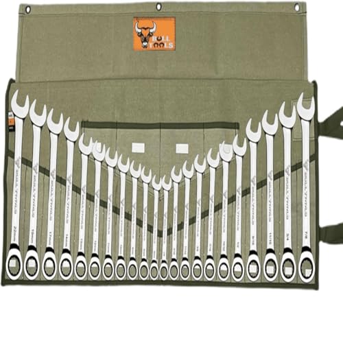 BULL TOOLS Wrench Roll Organizer Metric & SAE Roll Up Tool Pouch Bag Handmade, Heavy Weight 100% Cotton Duck Canvas 26 Pockets - Washed Olive Drab