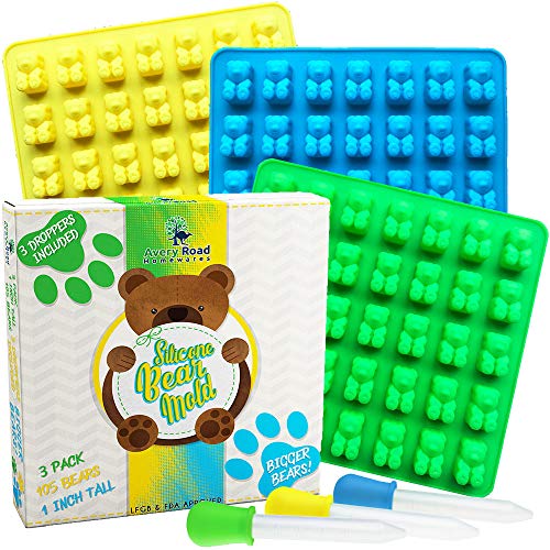 BIGGER Gummy Bear Mold 3 Pack BONUS 3 Droppers â€“ LARGE Pure LFGB Silicone Candy Molds ~ 105 Big 1 Inch Gummie Bears on Trays â€“ Ice Cube Gummies Chocolate & Gelatin Maker