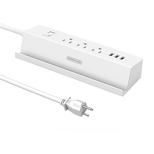 Desktop Charger Station NTONPOWER Power Strip with 3 Outlets 3 USB Ports Surge Protector with 5 ft Power Cord and Built-in Phone/Tablet Holder for Home and Office - White