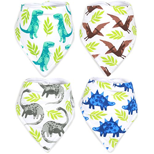 Stadela Baby Adjustable Bandana Drool Bibs for Drooling and Teething Nursery Burp Cloths 4 Pack Baby Shower Gift Set for Boys â€“ Jurassic Adventure with Prehistoric Dinosaur