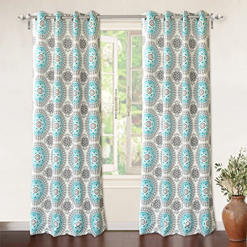 Book Cover DriftAway Bella Medallion and Floral Pattern Room Darkening and Thermal Insulated Grommet Window Curtains 2 Panels Each 52 Inch by 84 Inch Aqua and Gray