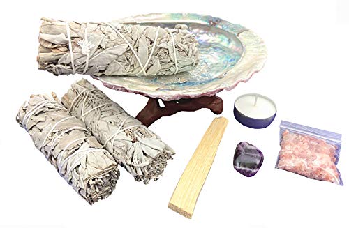 Book Cover Chakra Palace Large Smudge Kit Gift Set, Abalone, Wood Stand, Sage, Palo Santo, Crystal - 10 Items