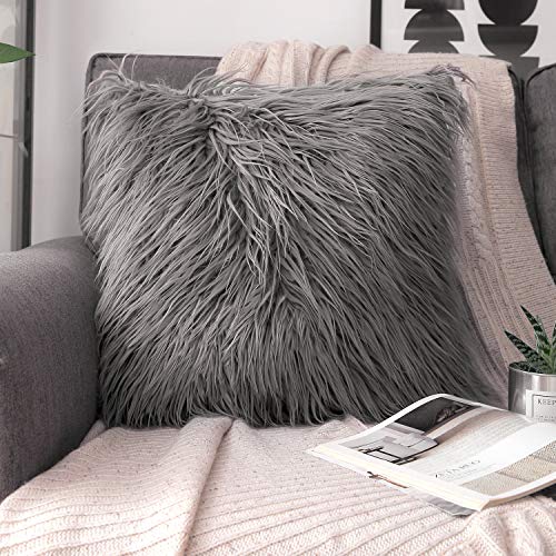 Book Cover Phantoscope Faux Fur Pillow Cover Decorative Fluffy Throw Pillow Mongolian Soft Fuzzy Pillow Case Cushion Cover for Bedroom and Couch, Gray 18 x 18 Inches