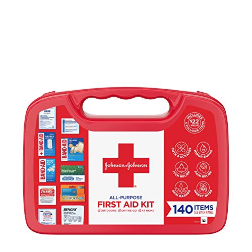 Book Cover Band-Aid Johnson & Johnson All-Purpose Portable Compact First Aid Kit for Minor Cuts, Scrapes, Sprains & Burns, Ideal for Home, Car, Travel and Outdoor Emergencies, 140 Count