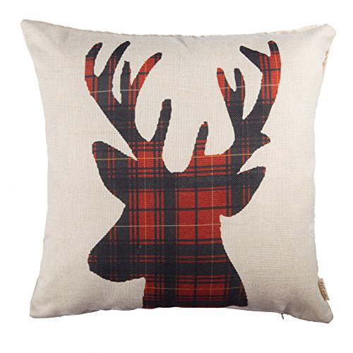 Book Cover Fjfz Christmas Reindeer Decorative Throw Pillow Cover, Xmas Red Black Buffalo Plaid Check Elk Home Farmhouse Decoration Winter Antlers Cotton Linen Cushion Case Decor for Sofa Couch 18x18
