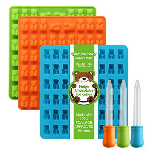 Book Cover Lizber Newest Generation - 3 Packs Silicone Gummy Bear Candy Molds with 53 Cavities, 3 Bonus Droppers Perfect for Mints Chocolates Molds Fudge Ice Cubes, BPA Free ( Blue, Green, Orange)