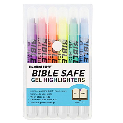 Book Cover U.S. Office Supply Bible Safe Gel Highlighters, 6 Pack Set - 6 Different Bright Neon Fluorescent Highlight Colors Yellow, Orange, Pink, Purple, Green, Blue - Won't Bleed, Fade or Smear - Study Guide