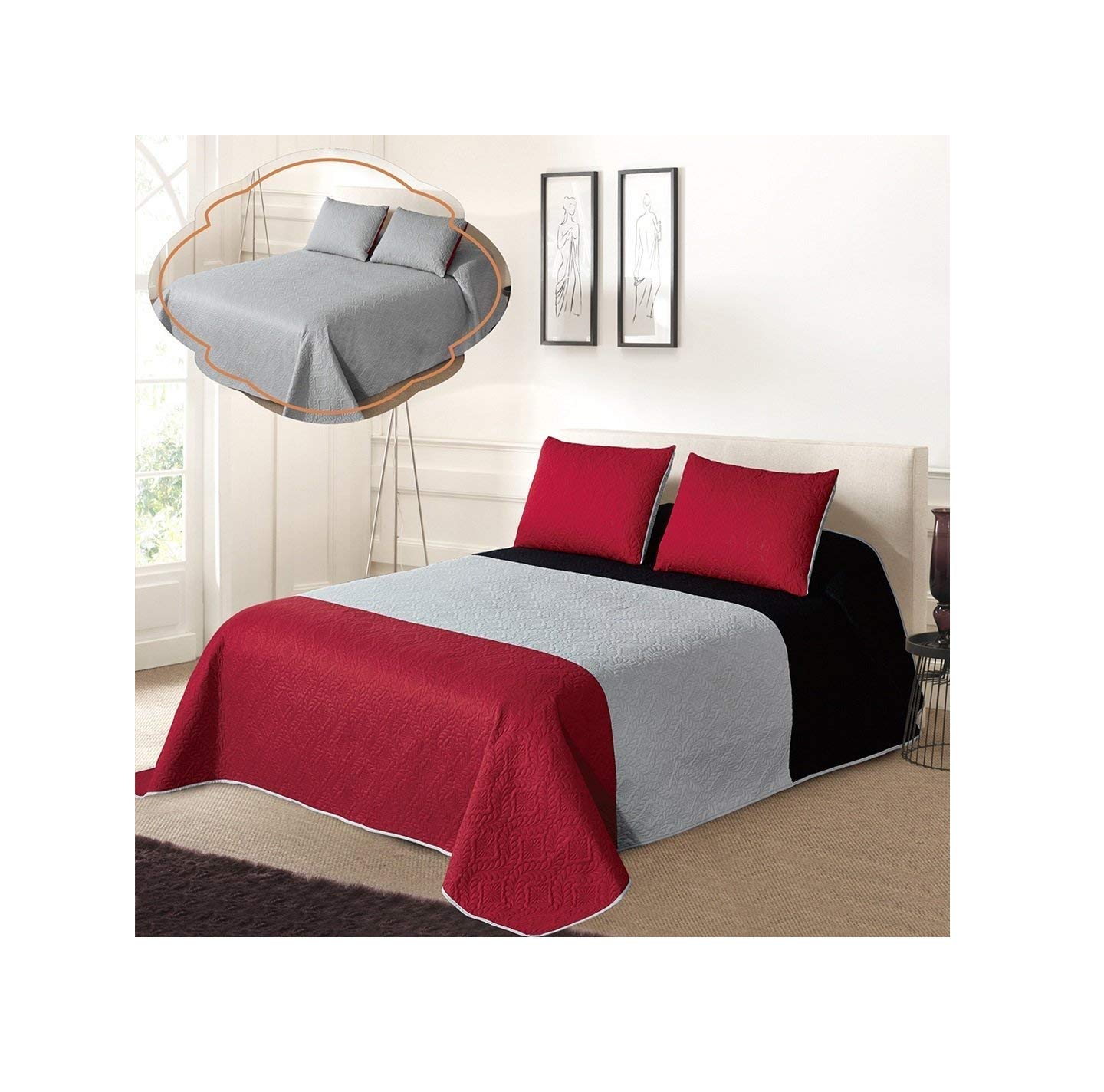 All American Collection Tri-Color Reversible King/Cal King Oversized Bedspread and Pillow Sham Set | Mix and Match for New Looks!