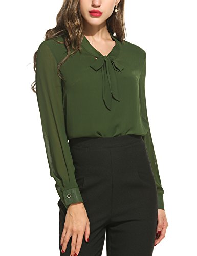 ACEVOG Womens Bow Tie Neck Long/Short Sleeve Casual Office Work Chiffon Blouse Shirts Tops