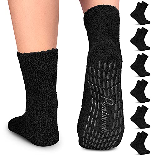 Pembrook Non Skid / Slip Socks â€“ Fuzzy Slipper Hospital Socks (6 - Pairs) â€“ Great for adults, men, women