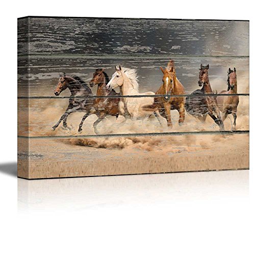 Book Cover wall26 - Canvas Wall Art - Galloping Horses on Vintage Wood Textured Background - Rustic Country Style Modern Giclee Print Gallery Wrap Home Decor Ready to Hang - 16