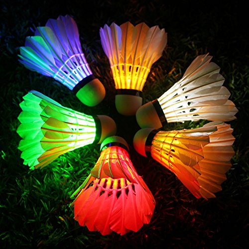 Inngree LED Badminton,Shuttlecock Dark Night Goose Feather Glow Birdies Lighting for Outdoor Indoor Sports Activities (Multicolour-6PCS)