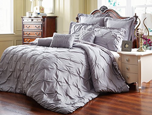 Book Cover Unique Home 8 Piece Reversible Pinch Pleat Comforter Set Fade Resistant, Wrinkle Free, No Ironing Necessary, Super Soft, Cal King, Grey