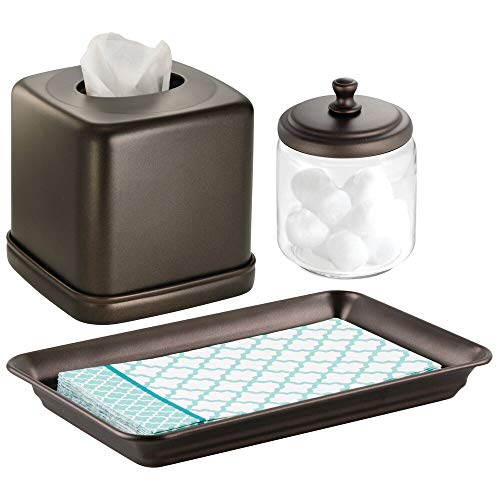 Book Cover mDesign Metal Vanity Towel Tray, Facial Tissue Box Cover/Holder, Canister Jar for Cotton Balls, Swabs, Cosmetic Pads - Set of 3, Clear/Bronze