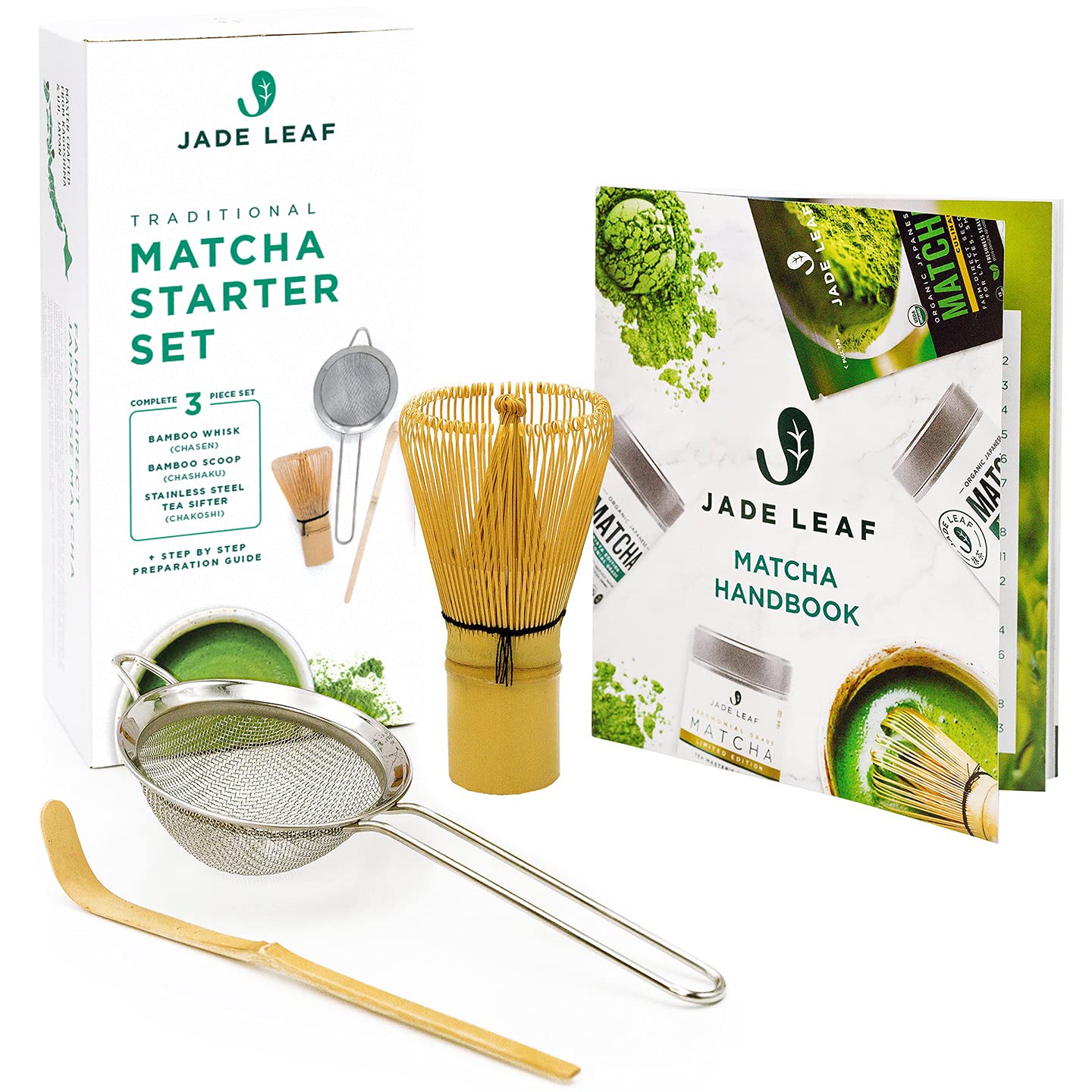 Book Cover Jade Leaf Traditional Matcha Starter Set - Bamboo Matcha Whisk (Chasen), Scoop (Chashaku), Stainless Steel Sifter, Fully Printed Handbook - Japanese Tea Set Traditional Starter Set