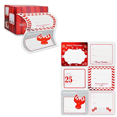 Book Cover Jumbo Christmas Gift Tag Stickers 60 Count Modern Red, White, Silver, and Gold Xmas Designs - Looks Great on Gifts Presents, Wrapping Paper and Gift Bags.