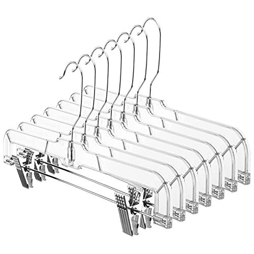 Book Cover HOUSE DAY 12 Pack 14 inch Clear Plastic Skirt Hangers with Adjustable Clips, Pants Hangers 360-Rotating Swivel Hook, Clip Hangers for Pants, Trousers, Skirts, Jeans, Bulk Plastic Hangers