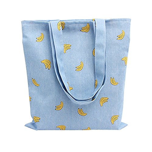 Caixia Women's Cotton Banana Print Blue Canvas Tote Shopping Bag