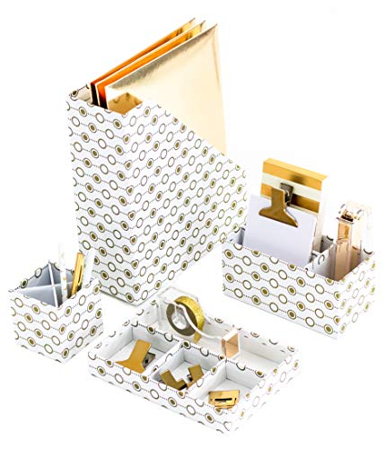 Blu Monaco Gold Desk Organizers and Accessories for Women - 4 Piece Desktop Accessories and Cubicle Decor Set - Letter - Mail Organizer, Desk Organizer Caddy, Pen - Pencil Cup, Magazine File Holder