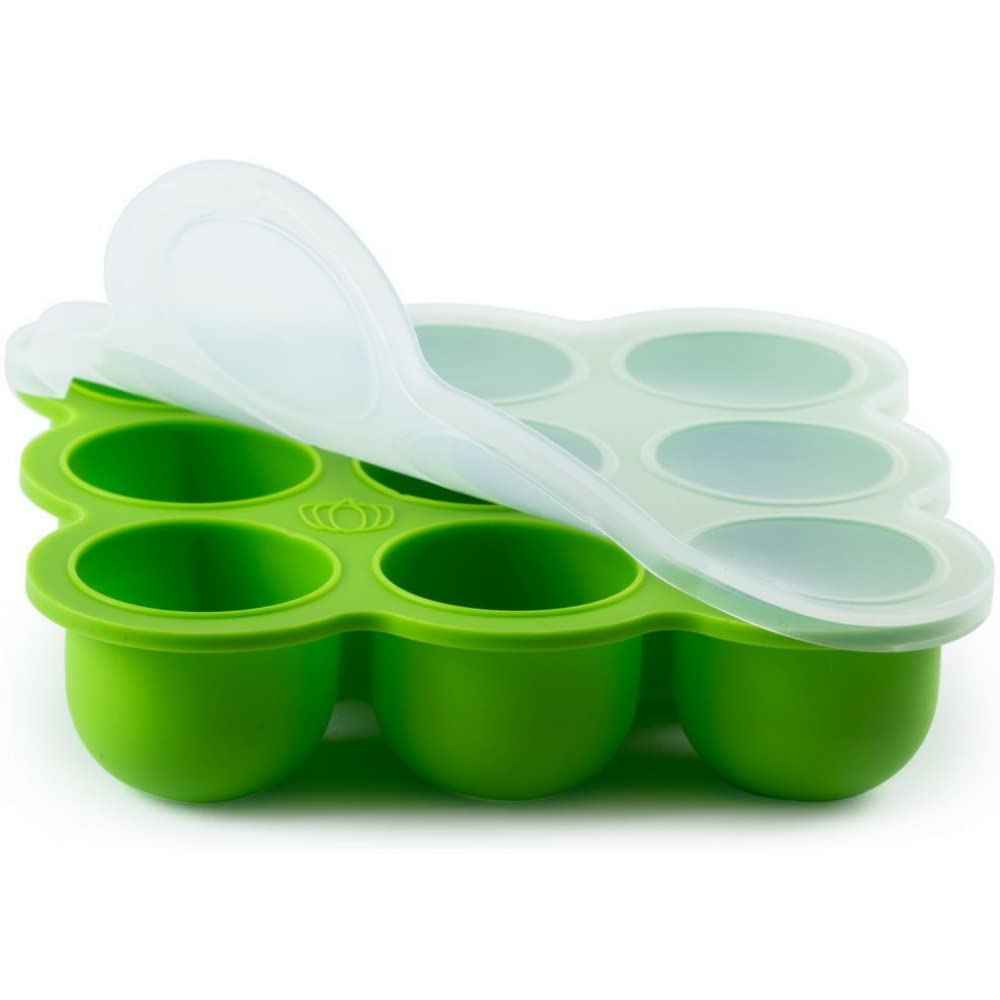 Book Cover Silicone Baby Food Storage Container and Freezer Tray - Food-Grade Silicone Mold with Clip-On Lid - 9 x 2.5 Oz Easy Out Portions (Green)
