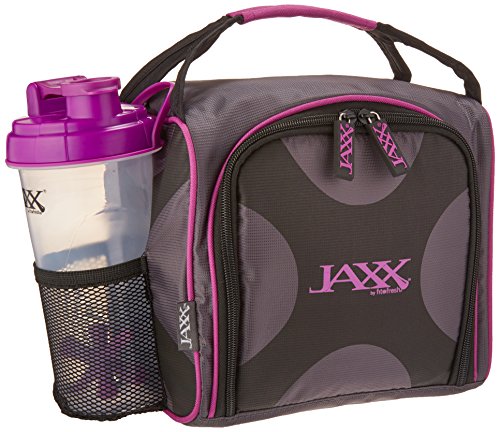Fit & Fresh Original Jaxx FitPak Insulated Meal Prep Bag with Portion Control Containers, Ice Pack and 28-ounce JAXX Shaker Bottle, Purple