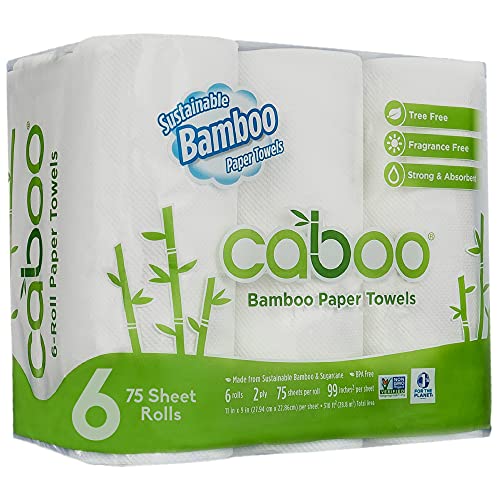Book Cover Caboo Tree Free Bamboo Paper Towels, 6 Rolls, Earth Friendly Sustainable Kitchen Paper Towels with Strong 2 Ply Sheets