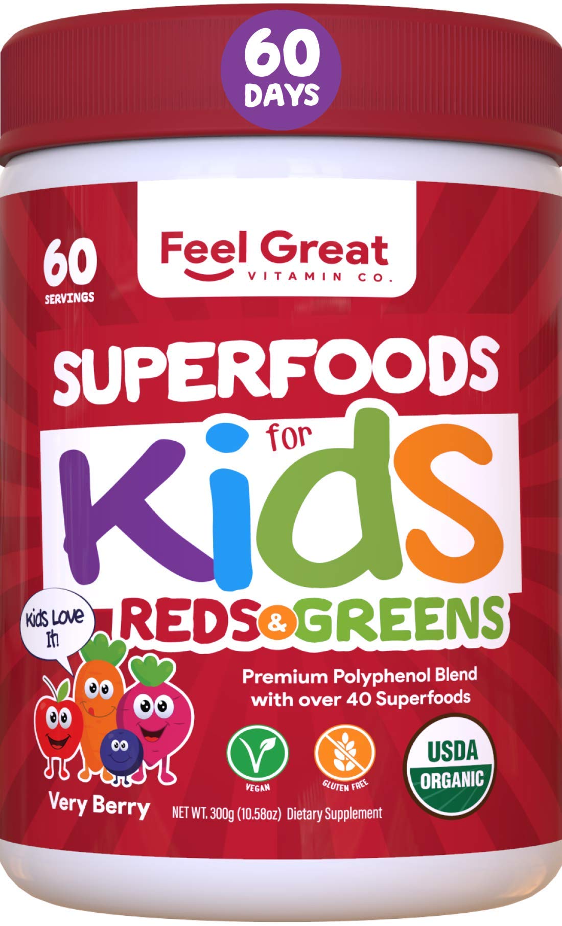 Book Cover Kids Superfood Red & Green Juice Powder by Feel Great Vitamin Co. , Made with Real Fruits & Vegetables, Includes Probiotics to Help Support Immunity*