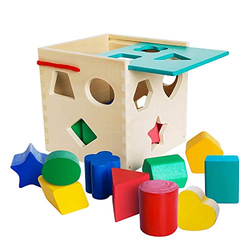 Book Cover Premium Wooden Shape Sorter Toy with Sliding Lid & Carrying Strap 12 Color Solid Wood Geometric Shape Puzzle Pieces - Classic Developmental Toy for Preschool Toddlers 1 2 & 3 Year Olds