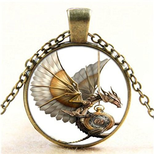 Book Cover Vintage Steampunk Dragon Photo Cabochon Glass Bronze Pendant Necklace