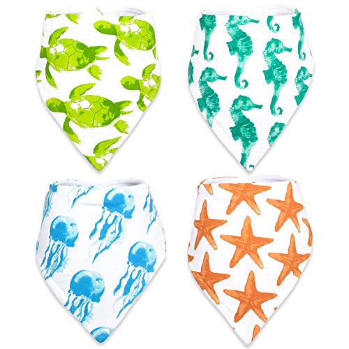 Stadela Baby Adjustable Bandana Drool Bibs with Snaps for Drooling Teething Burp Cloths 4 Pack Baby Shower Gift Set Unisex Boy and Girl - Coral Reef Ocean Sea Beach Summer Tropical Turtle Seahorse
