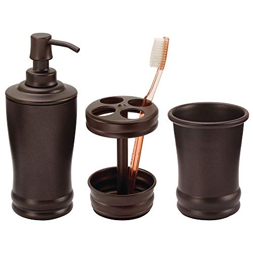 Book Cover mDesign Classic Soap Dispenser Pump, Toothbrush Holder Stand, Tumbler for Bathroom Vanities - Set of 3, Bronze