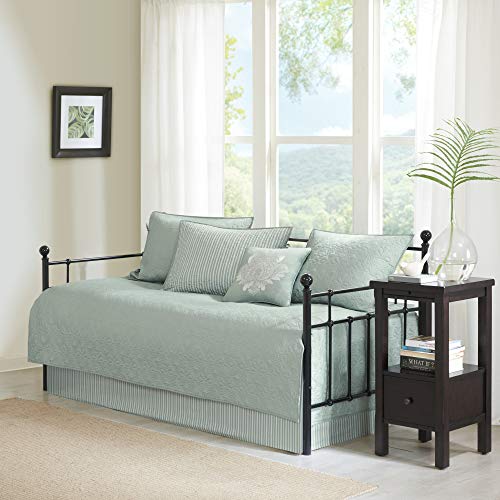 Madison Park Cotton Daybed Cover Set-Double Sided Quilting Classic Cottage Design All Season Bedding with Bedskirt, Matching Shams, Decorative Pillow, 75"x39", Quebec Seafoam 6 Piece