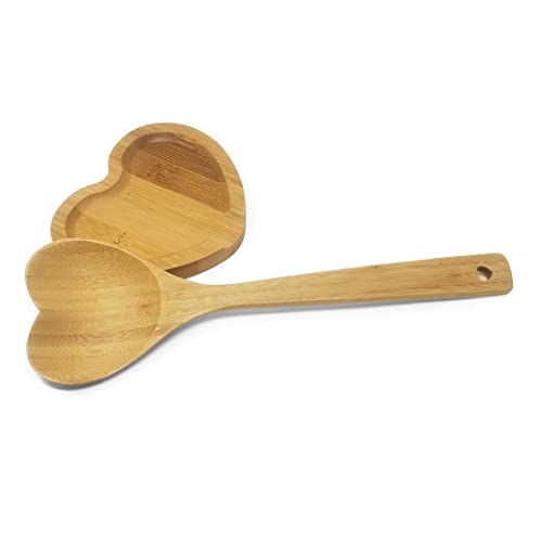 KOVOT Heart Shaped Bamboo Spoon With Rest Set | Non Scratch Durable Kitchen Serving Spoon Scooper | Wood Ladle Tableware for Cooking, Serving Salad, Stirring Soup | Great Valentines Day Gift!