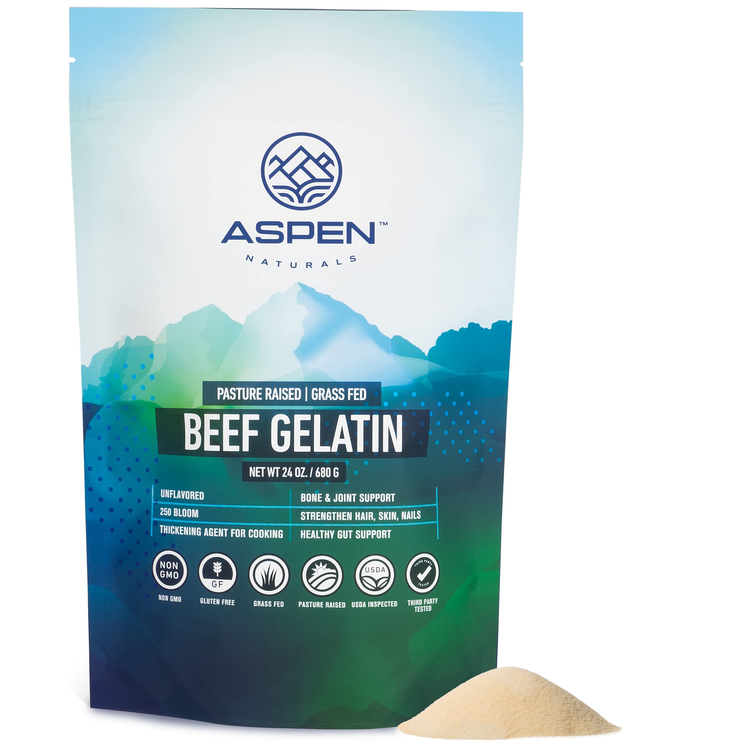 Aspen Naturals Grass Fed Beef Gelatin Powder. Pasture Raised, Grass-Fed Gelatin, Non-GMO, Paleo Friendly (24 oz). Unflavored Gelatin Powder. Easy to Mix Protein Supplement. 1.5 Pound (Pack of 1)